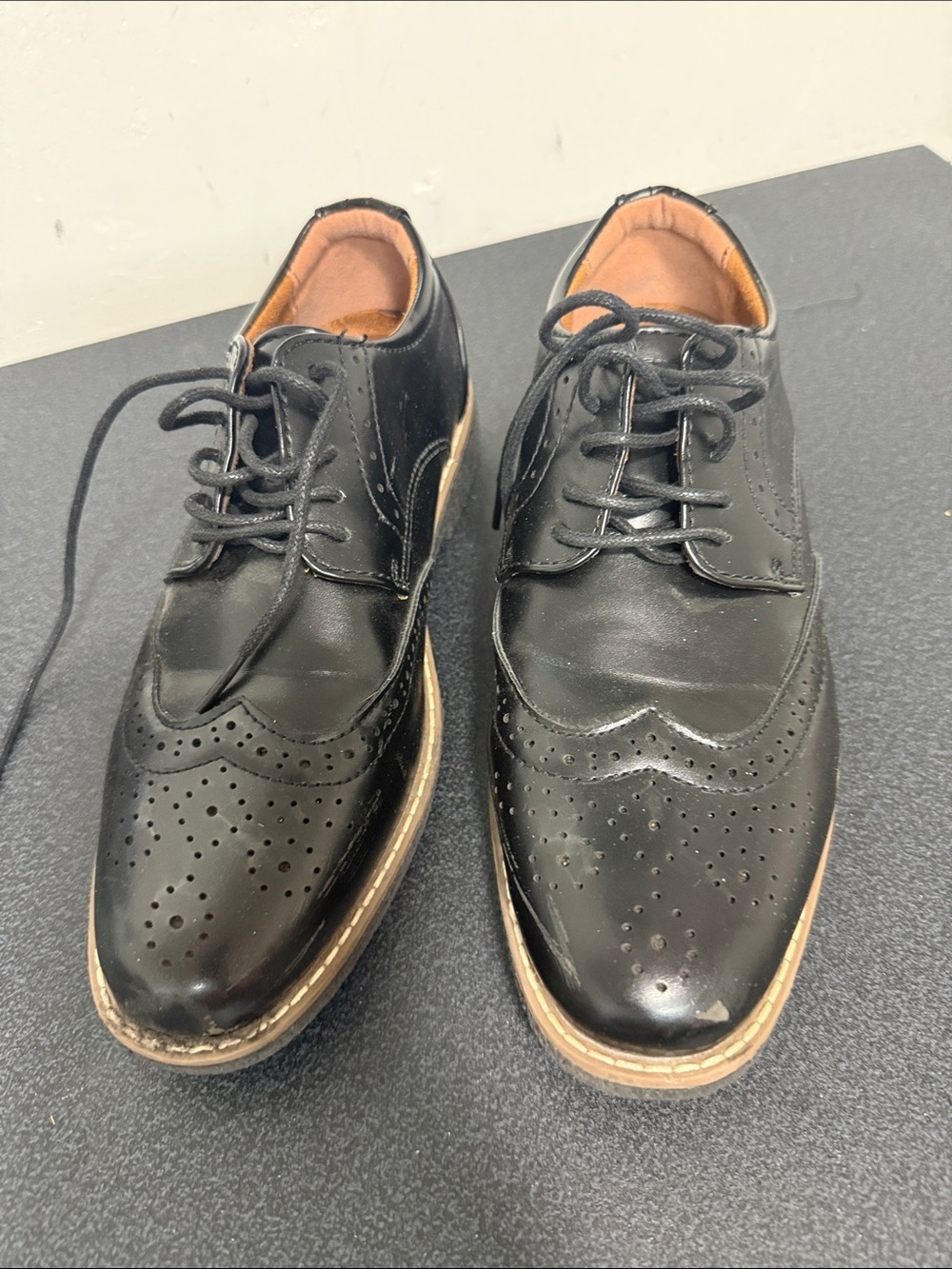 Deer Stags Black Wingtip Brogues with Tan Soles